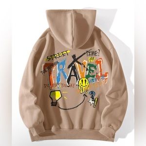 Graffiti Print Tan Oversized Thermal Hoodie Soft Cozy Sweatshirt Size Medium